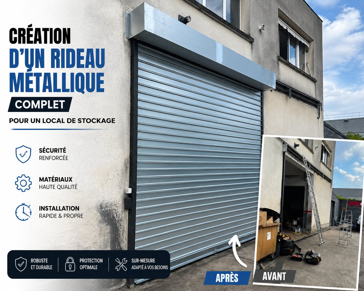 Création d'un rideau métallique complet pour un local de stockage — avant/après, Atelier Dumery Romainville (93)